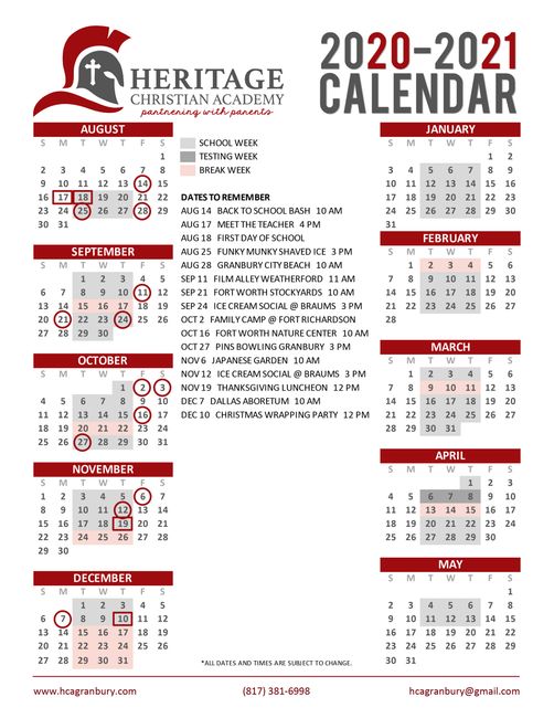 Calendar Heritage Christian Academy